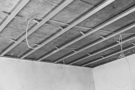 Ceiling structure gypsum. Structure of Ceiling suspended of drywall constructionの写真素材