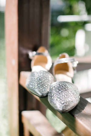 Gray shiny shoes. Outdoor. Horizontal. Vertical.の写真素材