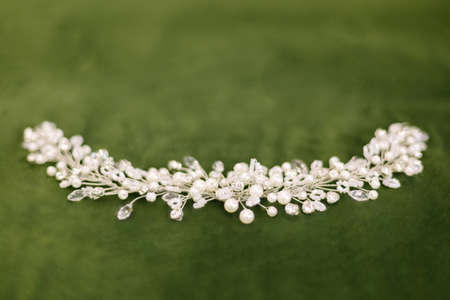 Bride hair crown. The wedding day. On a green velvet background.の写真素材