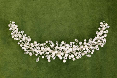 Bride hair crown. The wedding day. On a green velvet background.の写真素材