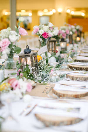 Wedding dining table and colorful flowers. Wedding day and wedding dining table.の写真素材