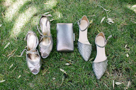 Gray heels and gray shiny handbag. On the grass.の写真素材