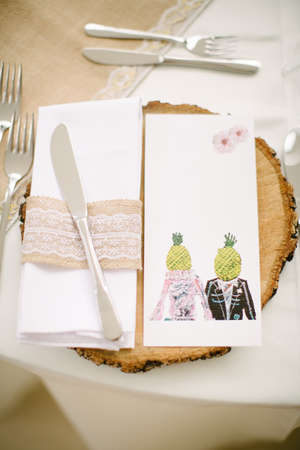 Empty menu card. Wedding dinner. Pineapple heads.の写真素材