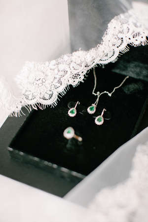 Green stone jewelry set. Necklace, dog and ring. In a black box. Lacy Tulle.の写真素材
