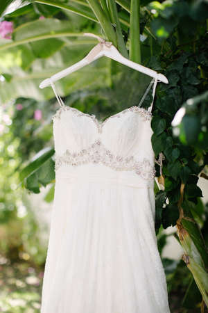 Wedding dress hanging in the garden. Sunny and hot weather.の写真素材