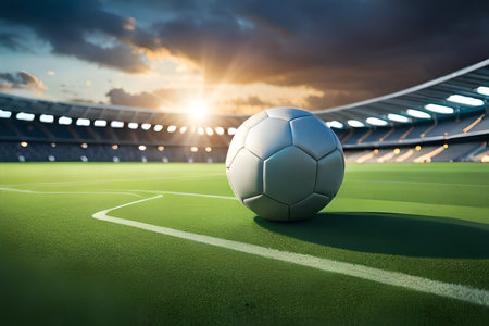 There is a football ball in the middle of a football stadium. It's sunset and a close-up shot.の素材