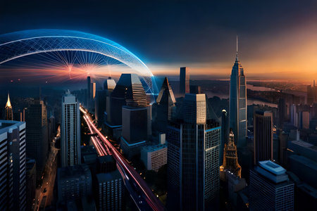 A scene depicting the connections between the city center and towering skyscrapers at dusk portrays a modern age.の素材