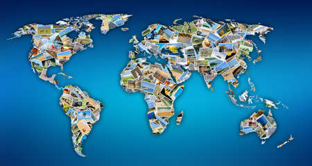 Collection of different photos placed as world map shapeの写真素材
