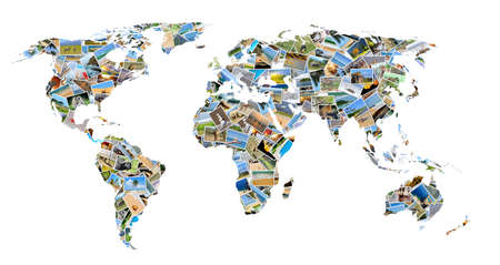 Collection of different photos placed as world map shapeの写真素材
