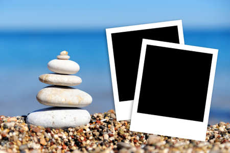 Instant photo frames on the beach backgroundの写真素材