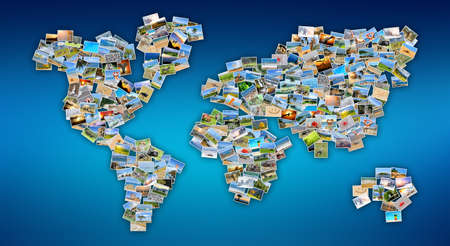 Collection of different photos placed as world map shapeの写真素材