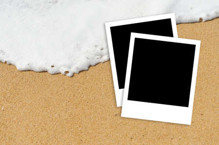 Instant photo frames on the beach backgroundの写真素材