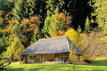 Wooden House with autumn forestのeditorial素材