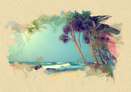 Beach on textured paper. The effect of the paint brushの写真素材