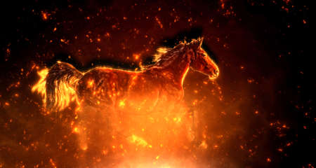 Fire horse runs gallop on the dark backgroundの写真素材