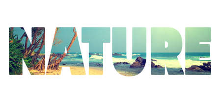 Background with word "Nature". Letters are made of beachの写真素材