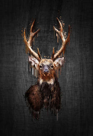 Portrait red deer on dark background. Paint effectの写真素材