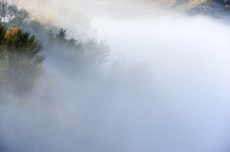 Autumn season, hill in the sunrise misty fog and cloudsの写真素材