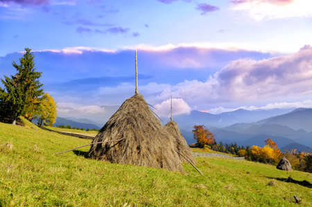 Traditional haystacks from a mountain village in mountainsの写真素材