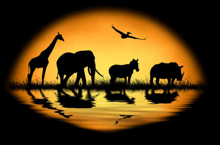 Silhouette african animals on the background of sunset. Large sun on a dark backgroundの写真素材