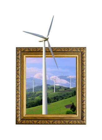 Wind turbines generating electricity in old wooden frame with 3d effectの写真素材