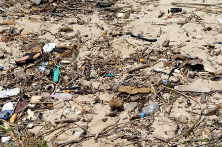 Trash on beach. Waste on the sands causes environmental pollutionの写真素材