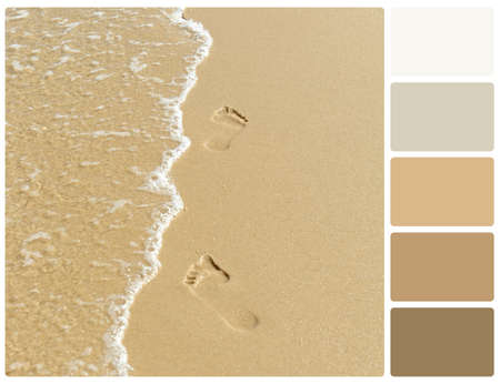 Foot steps and surf on tropical beach. Colour palette with complimentary colour swatchesの写真素材