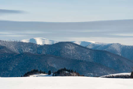 Winter panoramic landscape with mountain on backgroundの写真素材