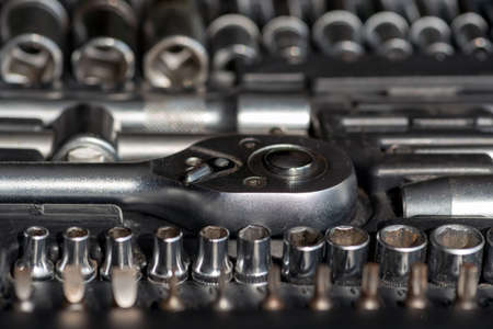 Set of tools for car repair in box, closeupの写真素材