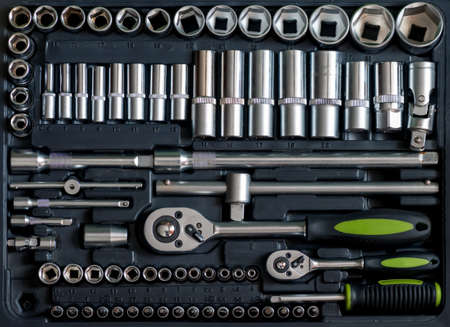 Set of tools for car repair in box, closeupの写真素材