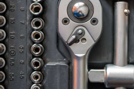 Set of tools for car repair in box, closeupの写真素材