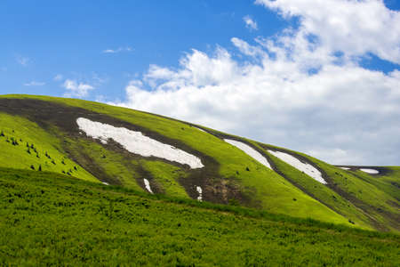 Valley with snow in summer mountainsの写真素材
