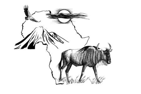 Wildebeest on Africa map background with Kilimanjaro mountain, vulture and sun. Collection of hand drawn illustrations (originals, no tracing)の写真素材