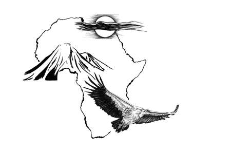 Vulture on Africa map background with Kilimanjaro mountain and sun. Collection of hand drawn illustrations (originals, no tracing)の写真素材