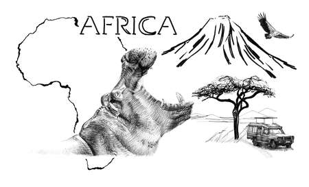 Hippo portrait on Africa map background with Kilimanjaro mountain, vulture and car. Collection of hand drawn illustrations (originals, no tracing)の写真素材