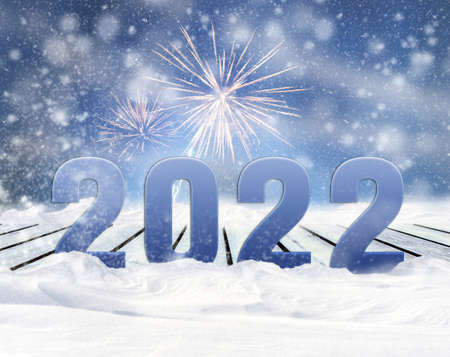New year 2022, banner greeting card layout with snow. Festive composition of numbers 2022, blue...