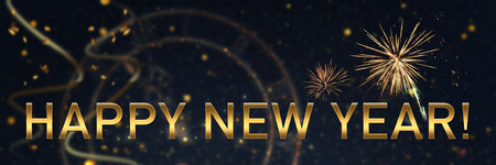 Gold and dark blue background with bokeh, fireworks and Happy New Year text text, copy space. Abstract background holidayの写真素材
