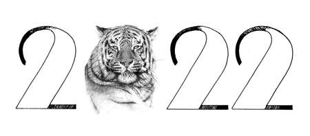 Hand drawn tiger portrait and text 2022, sketch graphics monochrome illustration on white background (originals, no tracing)の写真素材
