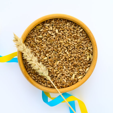 Wheat spikelets and ribbons in colors of Ukrainian flag on light background. Concept global food scarcity because of war in Ukraineの写真素材