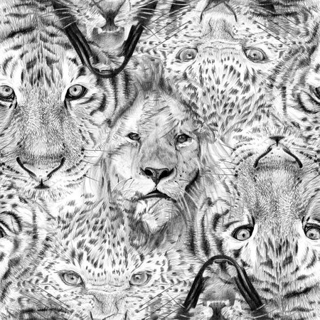 Seamless pattern of hand drawn sketch african animal portraits. Illustration isolated on white backgroundの写真素材