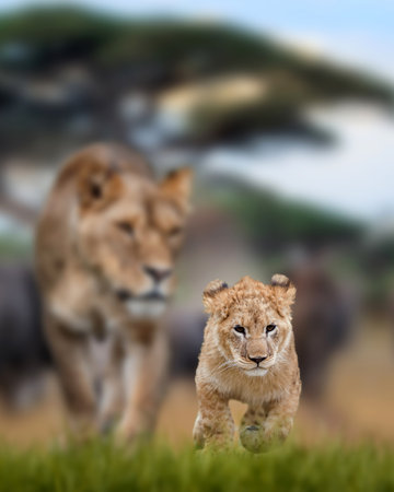 Close up lion cub in the background of his mother. African savannah landscapeの写真素材