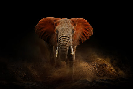 Amazing African elephant with dust and sand on black background. A large animal runs towards the camera. wildlife scene. Loxodonta africanaの写真素材