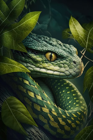 Green snake in jungle background, AI Generativeの素材