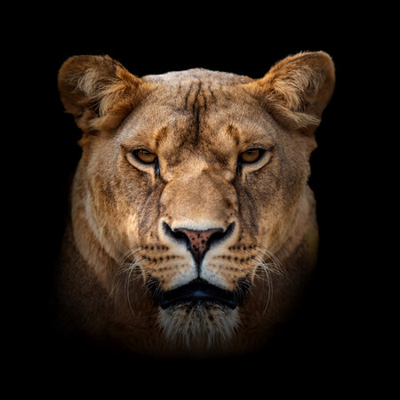 Close angry lion portrait on dark backgroundの写真素材