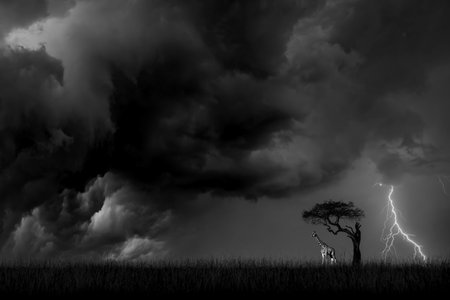 Giraffe under a tree against a background of a stormy sky with lightning. black and whiteの写真素材