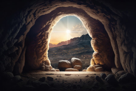 Empty tomb, resurrection of Jesus Christ. Easter themed image, digital illustration painting, Generative AIの素材