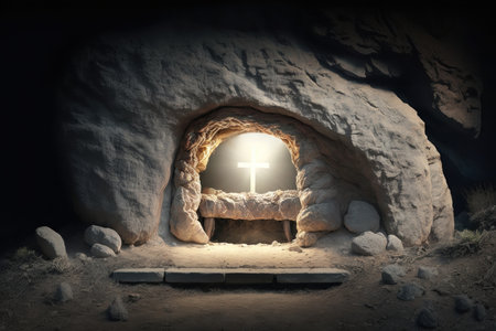 Empty tomb, resurrection of Jesus Christ. Easter themed image, digital illustration painting, Generative AIの素材