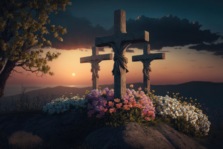 Three crosses on the mountain at sunset. Crucifixion of Jesus Christ, digital illustration painting, Generative AIの素材