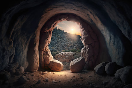 Empty tomb, resurrection of Jesus Christ. Easter themed image, digital illustration painting, Generative AIの素材