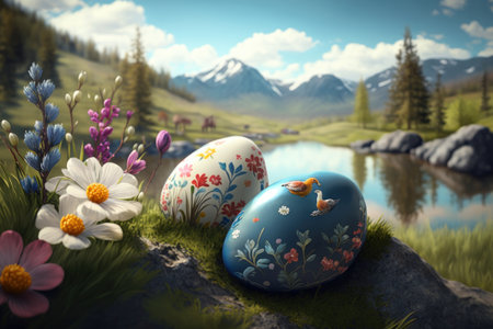 Easter landscape with easter eggs and flowers on mountain background, digital illustration painting, Generative AIの素材